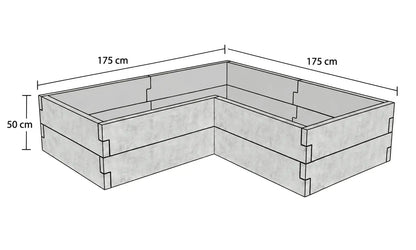 Rysunek techniczny warzywnika betonowego narożnego 175 × 175 × 50 cm z betonu architektonicznego, w kształcie litery L, z oznaczonymi wymiarami.