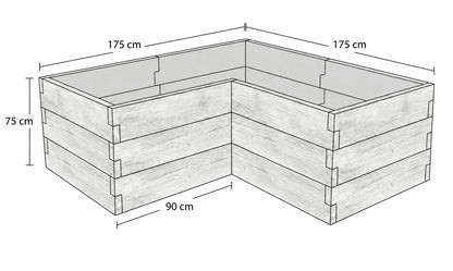 Rysunek techniczny warzywnika betonowego narożnego 175 × 175 × 75 cm w kształcie litery L, ze strukturą drewna i oznaczonymi wymiarami.