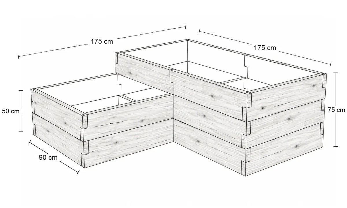 Rysunek wymiarowy narożnego dwupoziomowego warzywnika betonowego ze strukturą drewna 175 × 175 cm – wysokości 50 i 75 cm.