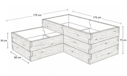 Rysunek wymiarowy narożnego dwupoziomowego warzywnika betonowego ze strukturą drewna 175 × 175 cm – wysokości 50 i 75 cm.