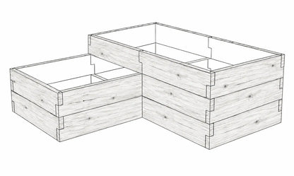 Warzywnik betonowy narożny dwupoziomowy 175 × 175 × 75 cm ze strukturą drewna – konstrukcja o dwóch wysokościach z naturalną fakturą desek.