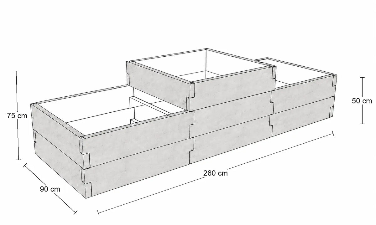 Rysunek wymiarowy schodkowego warzywnika betonowego 260 × 90 cm – wysokość części środkowej 75 cm i części bocznych 50 cm.