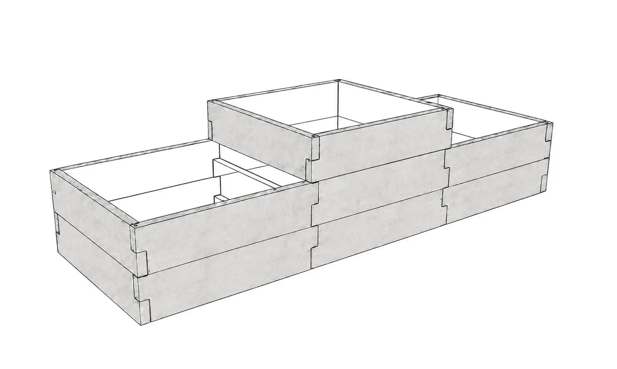 Warzywnik betonowy schodkowy 260 × 90 × 75 cm z betonu architektonicznego – konstrukcja z podwyższoną częścią środkową.