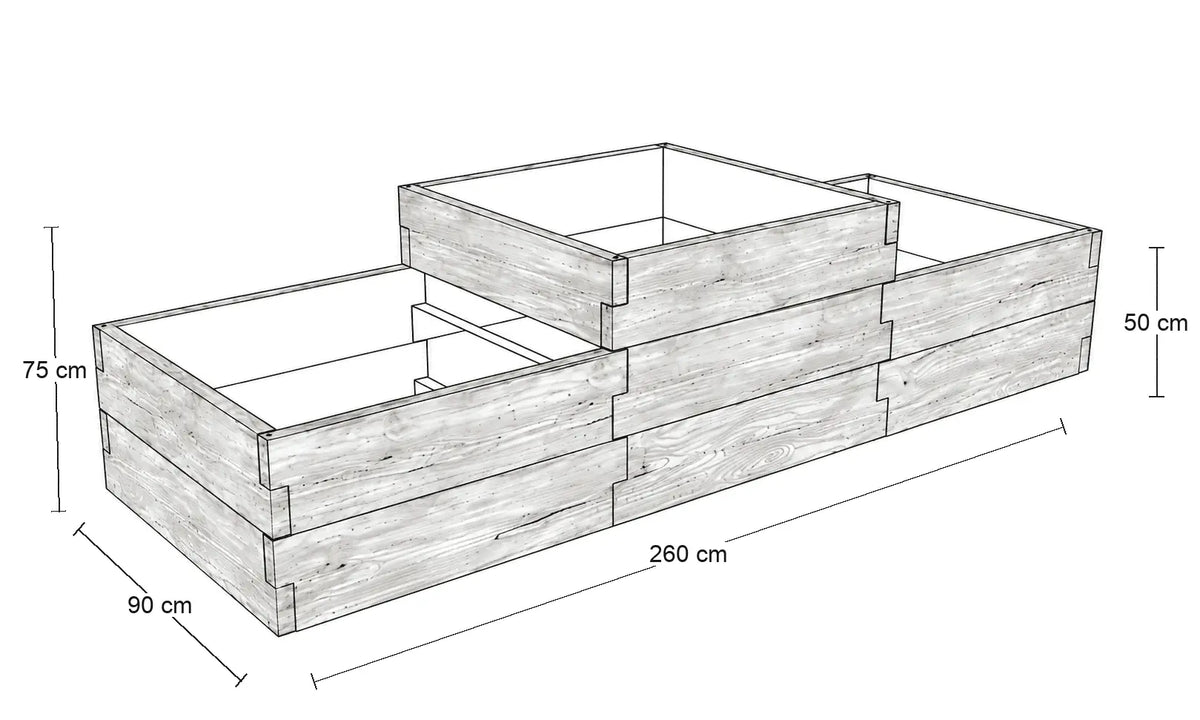 Rysunek wymiarowy schodkowego warzywnika betonowego ze strukturą drewna 260 × 90 cm – wysokość części środkowej 75 cm i części bocznych 50 cm.