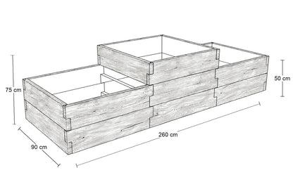 Rysunek wymiarowy schodkowego warzywnika betonowego ze strukturą drewna 260 × 90 cm – wysokość części środkowej 75 cm i części bocznych 50 cm.