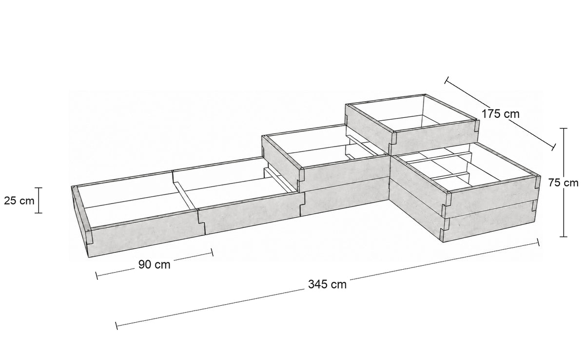 Rysunek wymiarowy trzypoziomowego warzywnika betonowego 345 × 175 cm – wysokość od 25 do 75 cm.