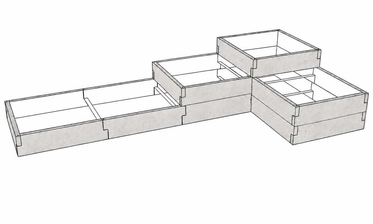 Warzywnik betonowy trzypoziomowy 345 × 175 × 75 cm z betonu architektonicznego – schodkowa konstrukcja narożna.