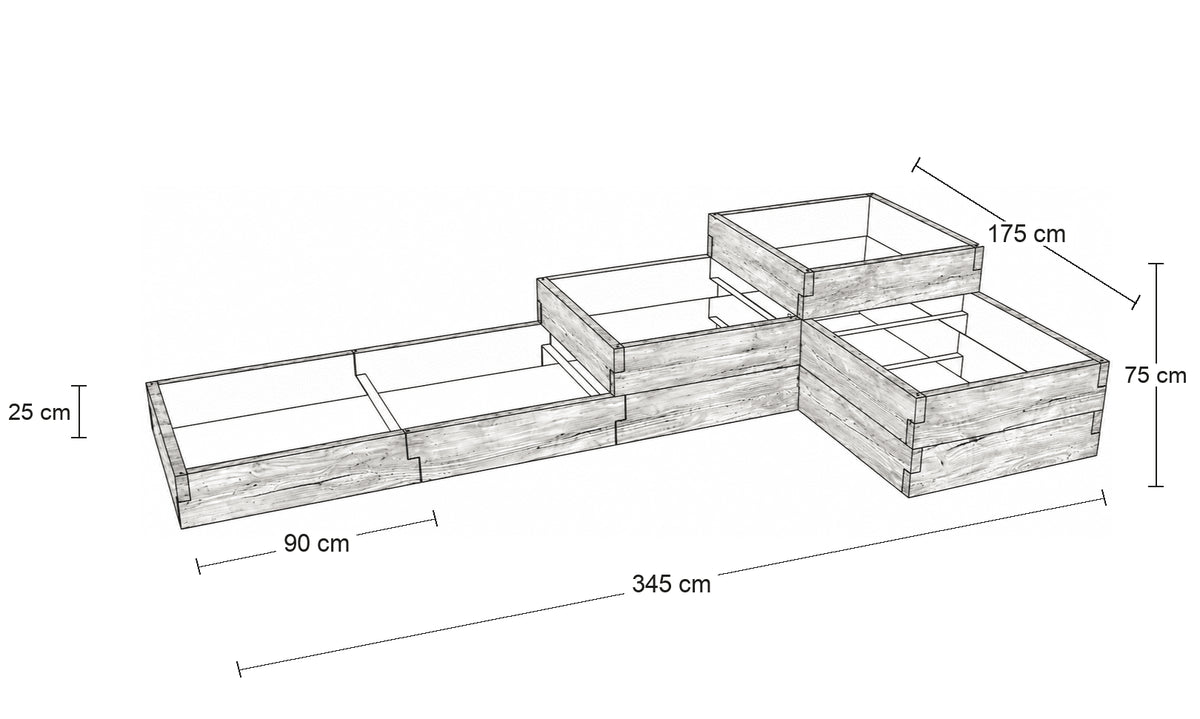 Rysunek wymiarowy trzypoziomowego warzywnika betonowego ze strukturą drewna 345 × 175 cm – wysokości 25, 50 i 75 cm.