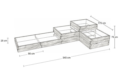 Rysunek wymiarowy trzypoziomowego warzywnika betonowego ze strukturą drewna 345 × 175 cm – wysokości 25, 50 i 75 cm.