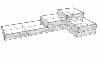 Warzywnik betonowy trzypoziomowy 345 × 175 × 75 cm ze strukturą drewna – schodkowa konstrukcja narożna o trzech wysokościach.