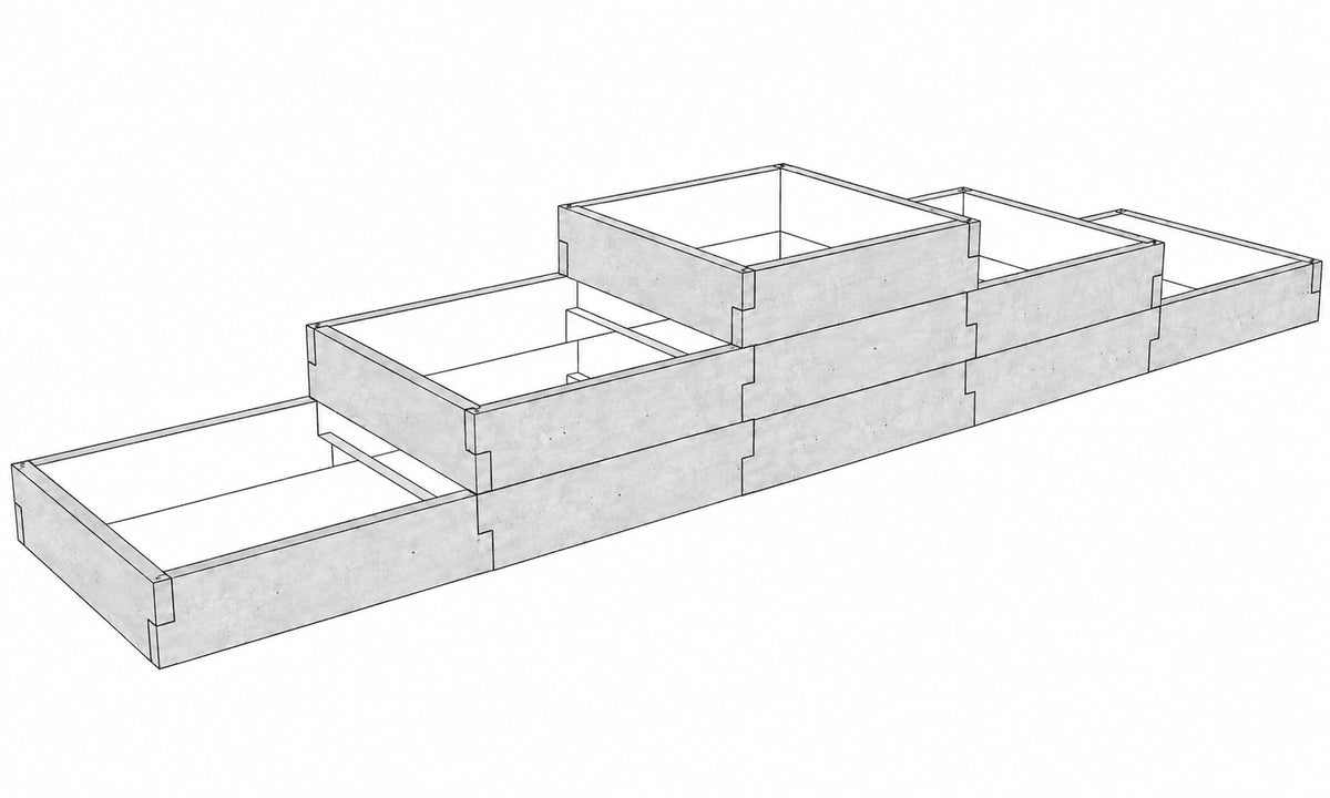 Warzywnik betonowy trzypoziomowy 430 × 90 × 75 cm z betonu architektonicznego – schodkowa konstrukcja o trzech wysokościach uprawowych.