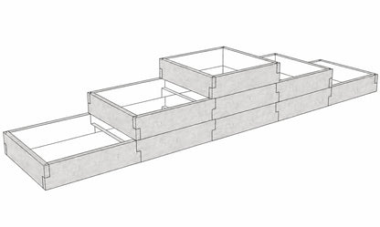 Warzywnik betonowy trzypoziomowy 430 × 90 × 75 cm z betonu architektonicznego – schodkowa konstrukcja o trzech wysokościach uprawowych.