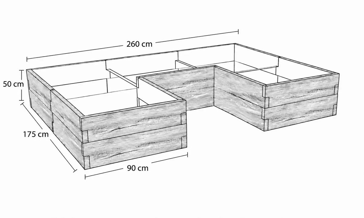 Rysunek techniczny warzywnika betonowego ze strukturą drewna o wymiarach 260 × 175 × 50 cm, z wewnętrznym wcięciem.