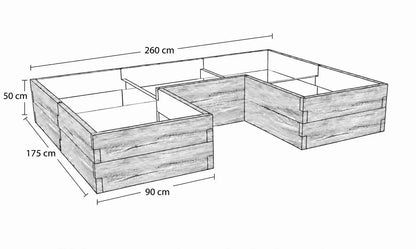 Rysunek techniczny warzywnika betonowego ze strukturą drewna o wymiarach 260 × 175 × 50 cm, z wewnętrznym wcięciem.